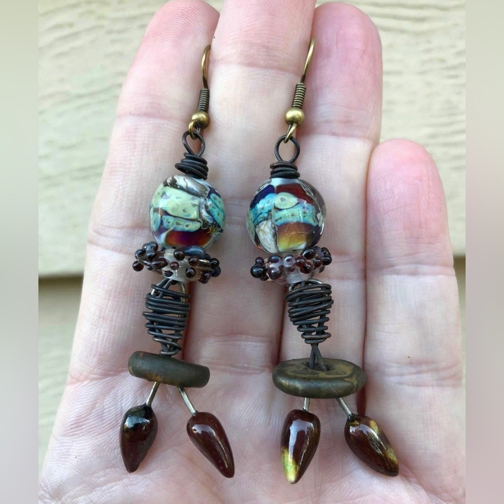 Artisan one of a kind Brass, Copper, lampwork, & ceramic earrings by Cheryl Zink